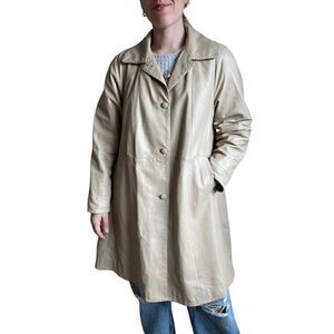 Vintage Womens Vera Pelle Italian Cream 100% Leather Mid Length Coat Sz 40